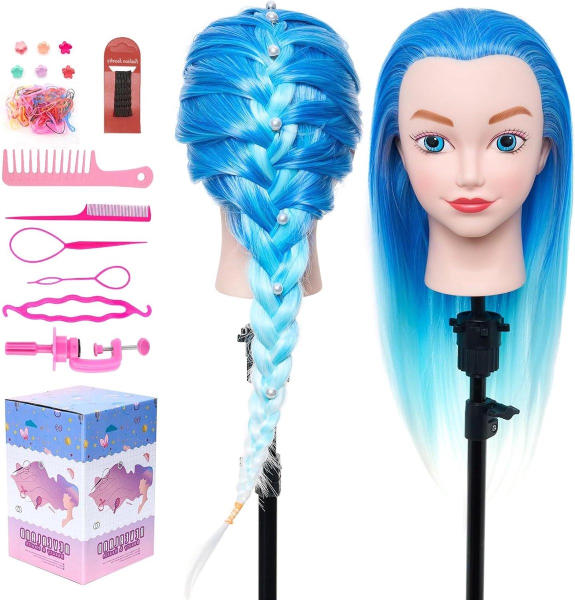 Haar Trainingshoofd - Oefenhoofd Model - Haar Styling Oefenen - Synthetisch Haar - 50 cm - Blauw