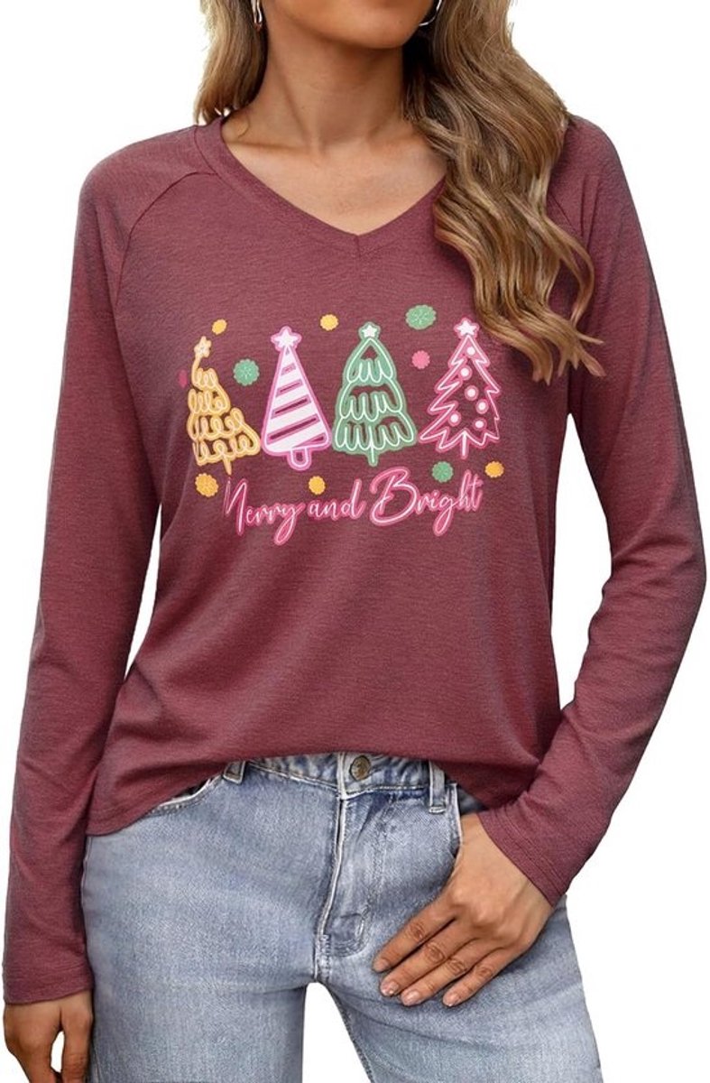 Grappig Kerstshirt met V-hals voor Dames Lange Mouwen Feestelijke Wintertop