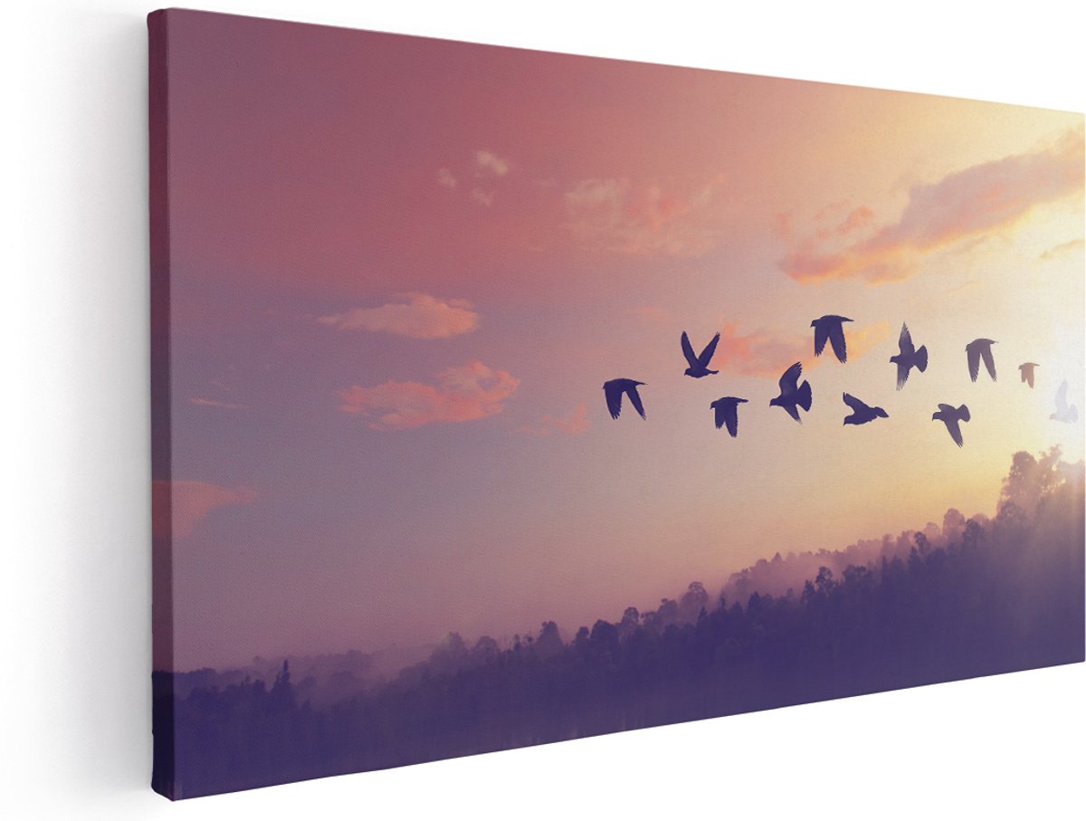 Artaza Canvas Schilderij Silhouet Vogels Tijdens Zonsondergang - 180x90 cm - Groot - Wanddecoratie Woonkamer - Schilderijen - Muurdecoratie