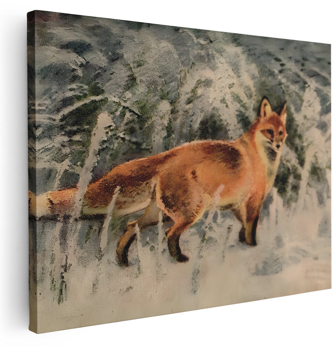 Artaza Canvas Schilderij Vos In De Sneeuw - 160x120 cm - Groot - Wanddecoratie Dieren - Muurdecoratie Landschap - Kamer Accessoires