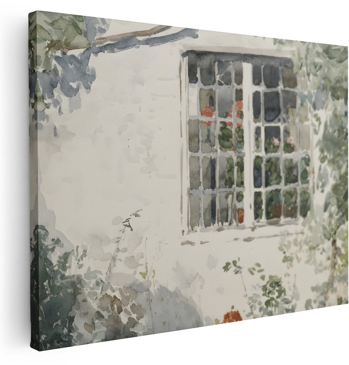Artaza Canvas Schilderij Wit Huis - 160x120 cm - Groot - Wanddecoratie Landelijk - Muurdecoratie Bloemen - Decoratie Brocante - Kamer Accessoires