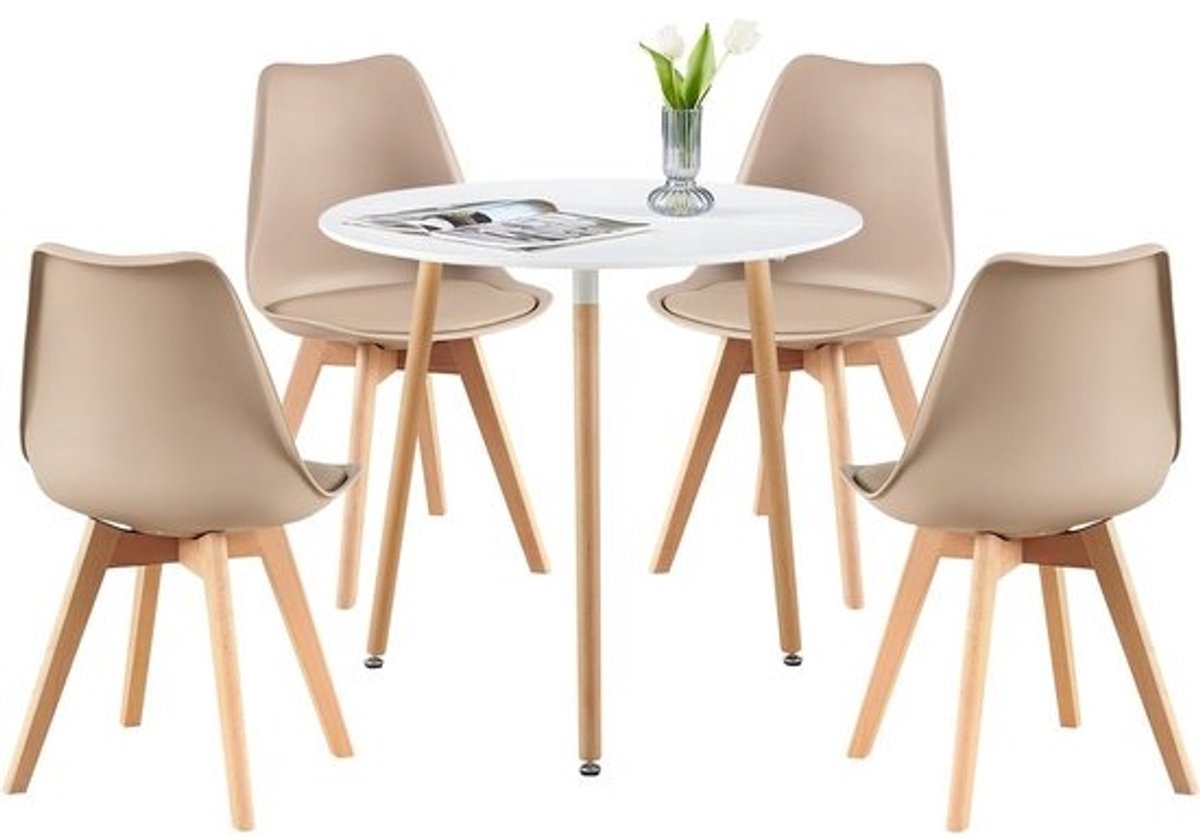 Ronde Eettafel met 4 Stoelen - 80 cm - Wit + Kaki - Eetkamerstel voor Woonkamer, Keuken, Kantoor