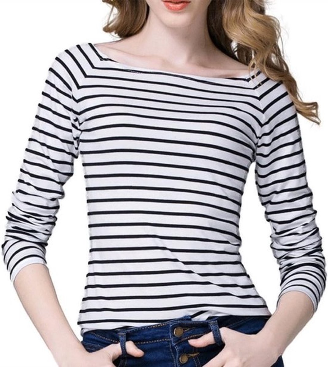 Dames T-Shirt met Lange Mouwen en Boothals - Gestreept en Getailleerd