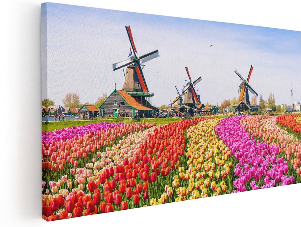 Artaza Canvas Schilderij Kleurrijke Tulpen Bloemenveld - Windmolen - 160x80 cm - Groot - Wanddecoratie Woonkamer - Schilderijen - Muurdecoratie