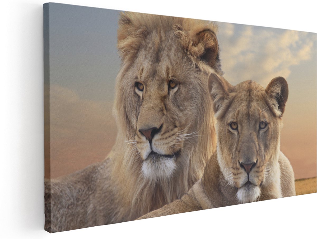 Artaza Canvas Schilderij Leeuw En Leeuwin - 160x80 cm - Groot - Wanddecoratie Woonkamer - Schilderijen - Muurdecoratie