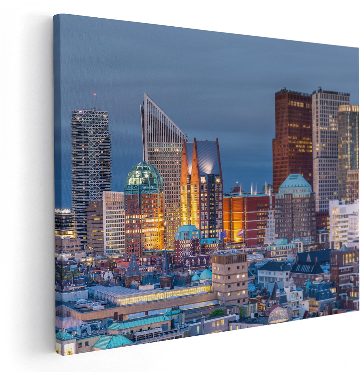 Artaza Canvas Schilderij Den Haag Skyline met Wolkenkrabbers - 150x120 cm - Groot - Wanddecoratie Woonkamer - Schilderijen - Muurdecoratie