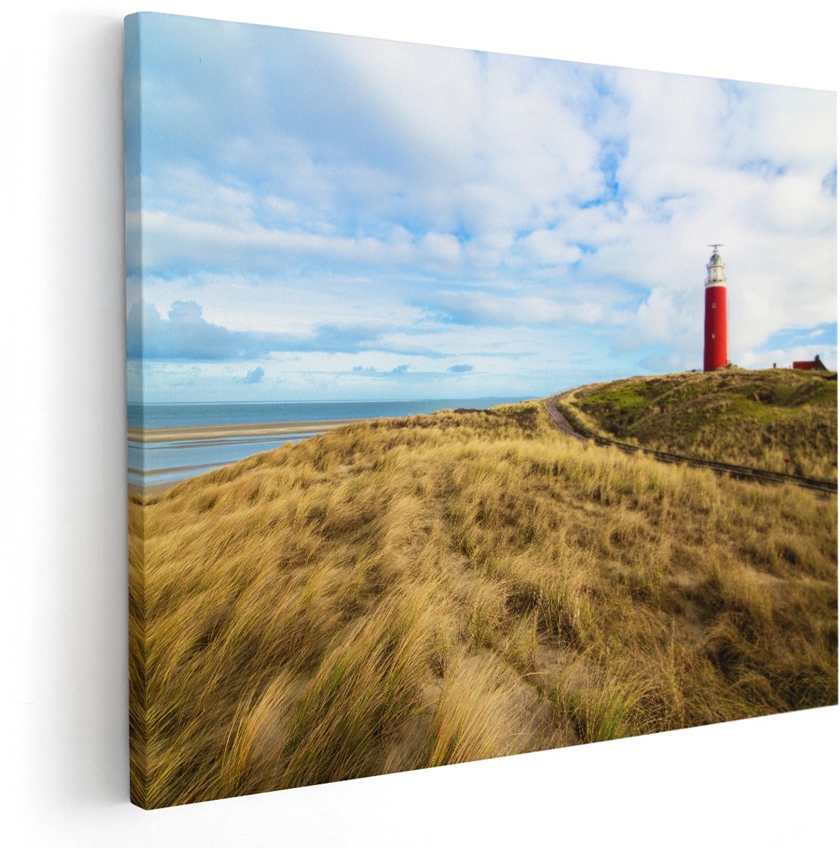 Artaza Canvas Schilderij Vuurtoren met Duinen in Texel - 150x120 cm - Groot - Wanddecoratie Woonkamer - Schilderijen - Muurdecoratie