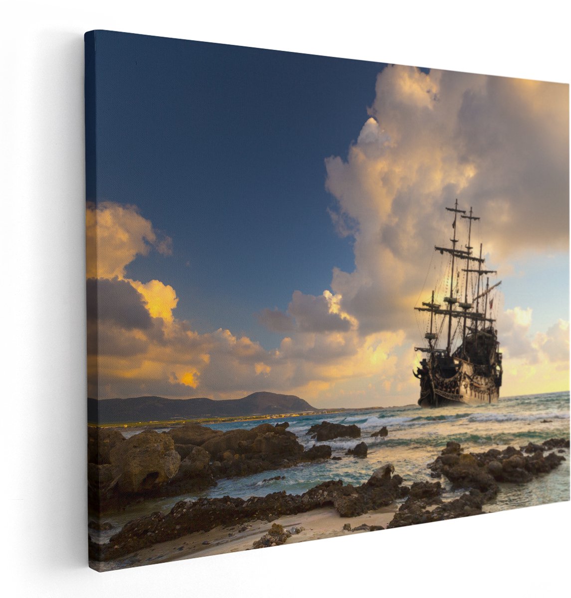Artaza Canvas Schilderij Piratenschip aan de Kust bij Zonsondergang - 150x120 cm - Groot - Wanddecoratie Woonkamer - Schilderijen - Muurdecoratie