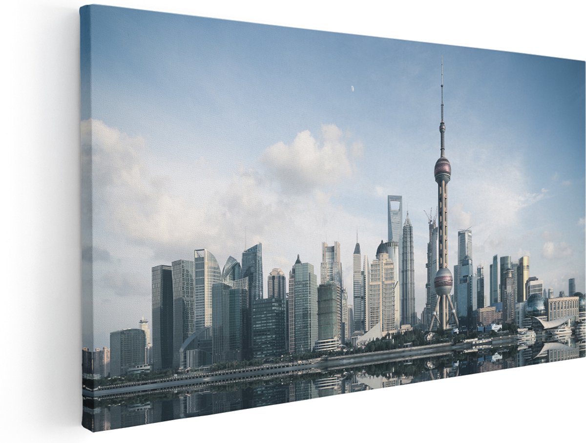 Artaza Canvas Schilderij Shanghai Skyline in China - 160x80 cm - Groot - Wanddecoratie Woonkamer - Schilderijen - Muurdecoratie