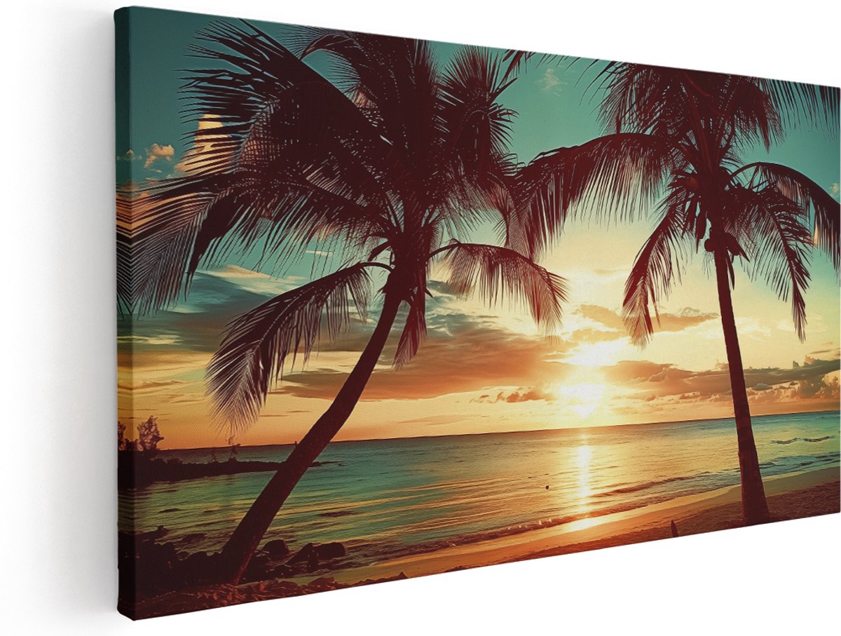 Artaza Canvas Schilderij Twee Palmbomen op een Strand bij Zonsondergang - 160x80 cm - Groot - Klein - Wanddecoratie Woonkamer - Schilderijen - Muurdecoratie