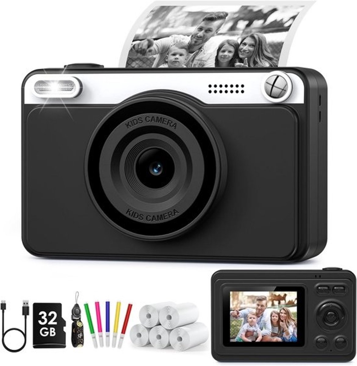 Directe Kinderfotocamera met 1080P HD, Inclusief 32GB Kaart en 5 Rollen Thermisch Papier