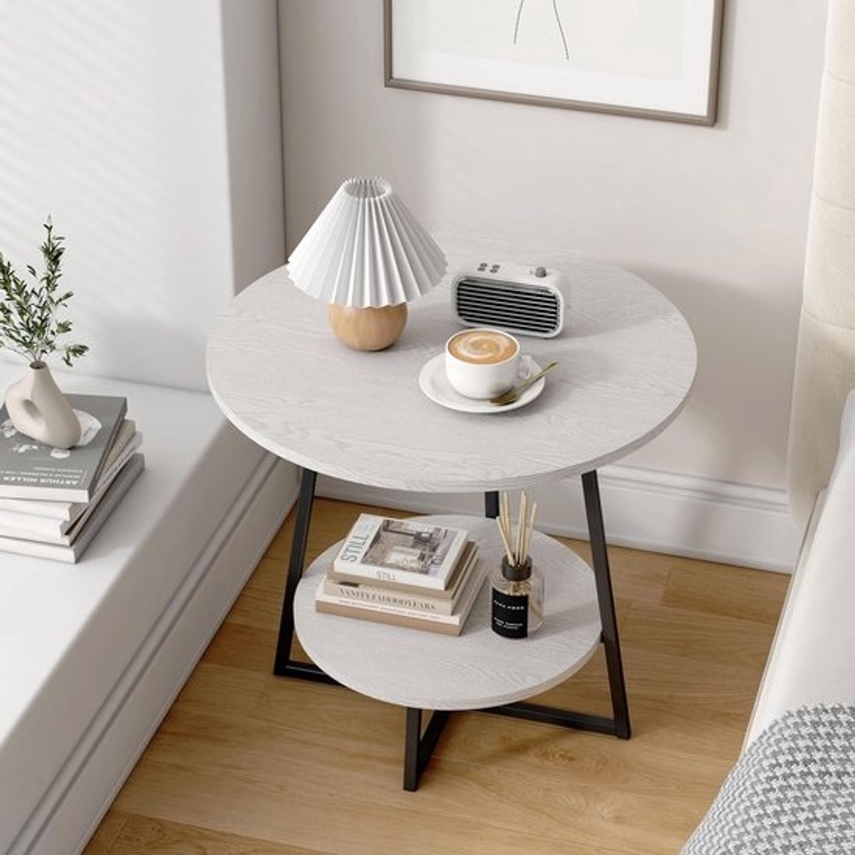 Ronde Bijzettafel Hout met 2 Opslagplanken - Kleine Salontafel voor Woonkamer en Slaapkamer