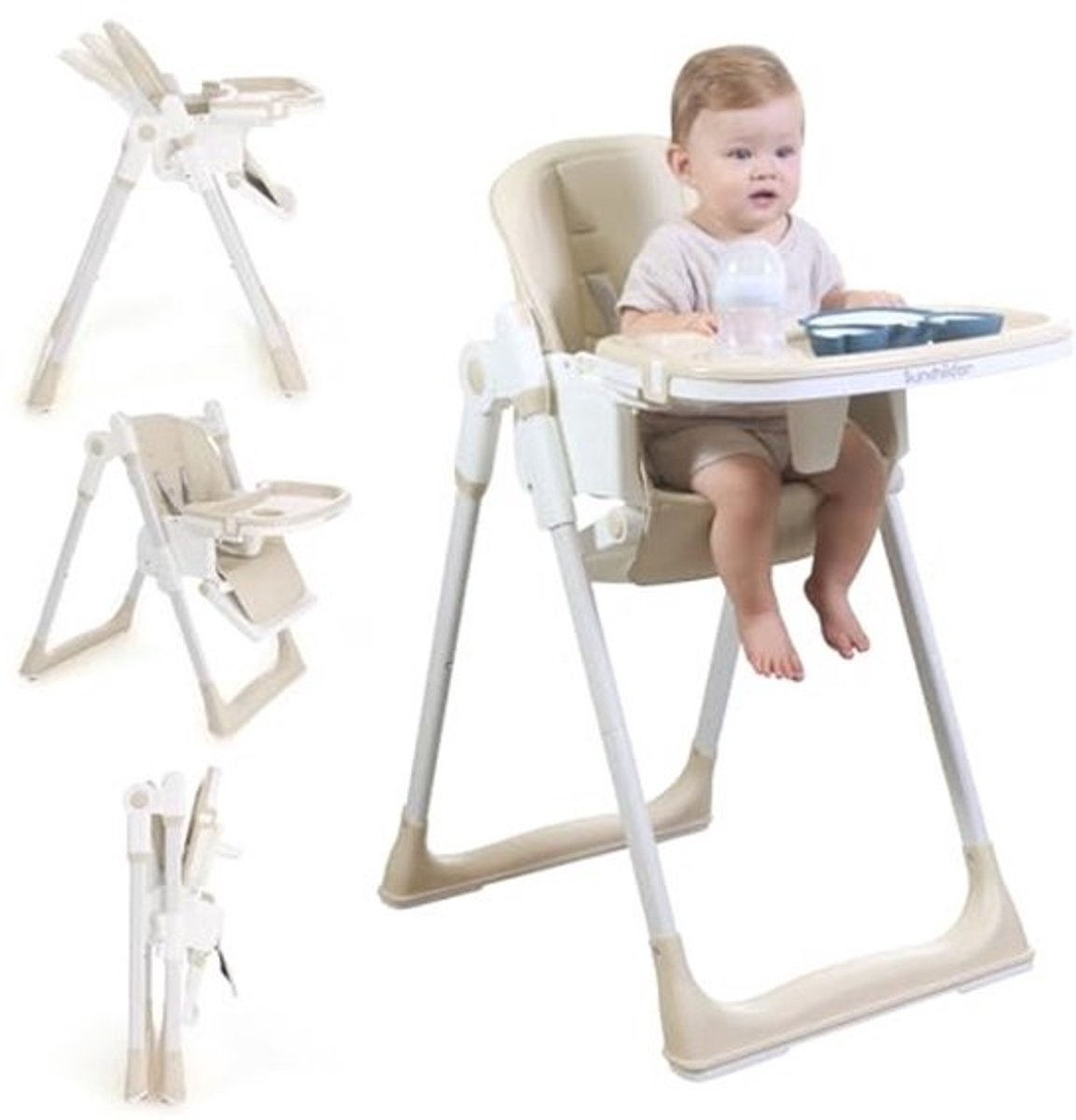 Sunchildor 3-in-1 babystoel met wielen, verstelbaar 5-punts harnas, dienblad, voetsteun, rugleuning en zithoogte, opvouwbare kinderstoel voor peuters, beige