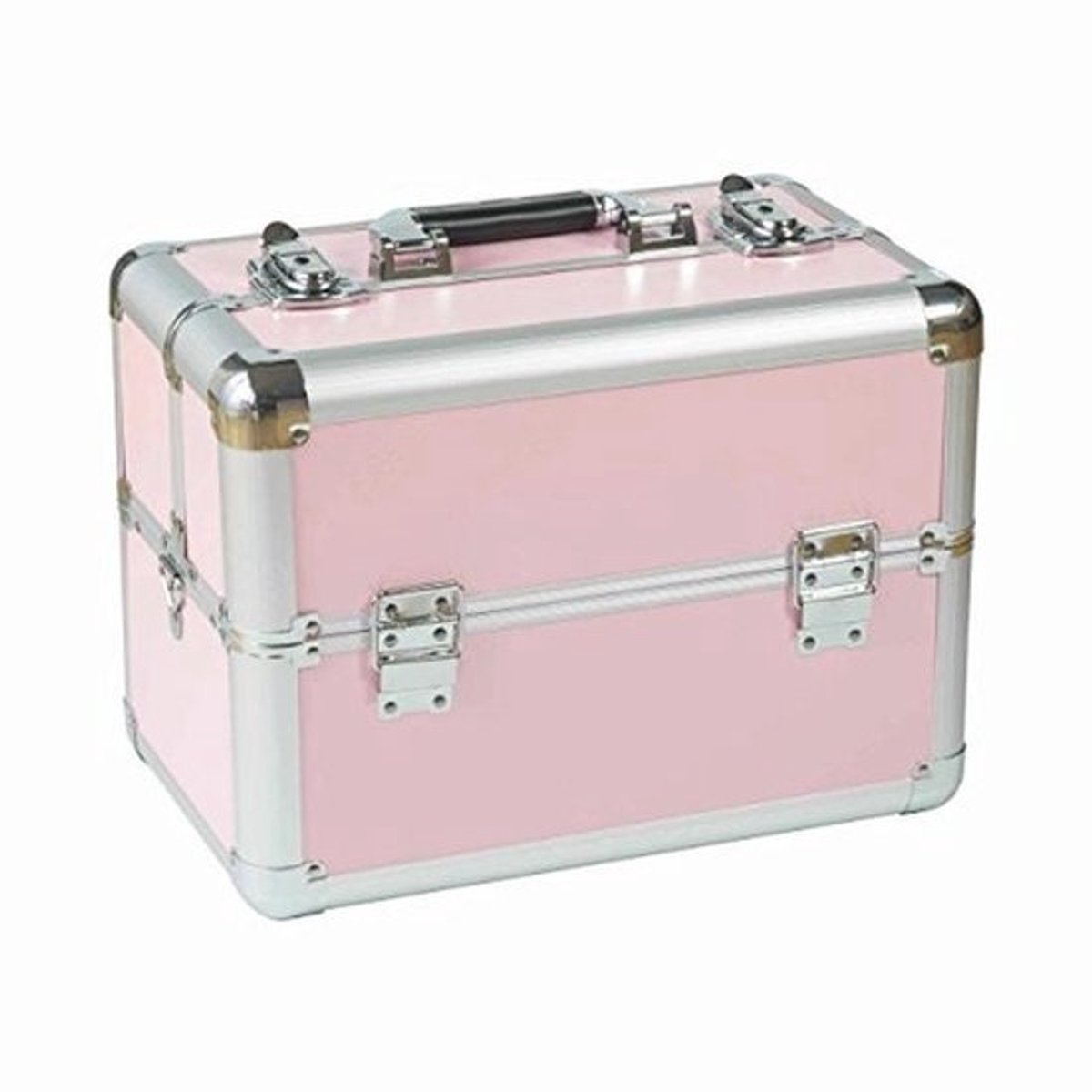 N&BF Professionele cosmeticakoffer, klein, aluminium kapperskoffer, make-upkoffer, multikoffer, nagelkoffer, beautycase, afsluitbaar, 2 etages + vakken, leeg om uit te klappen, roze, roze, 1 Stück