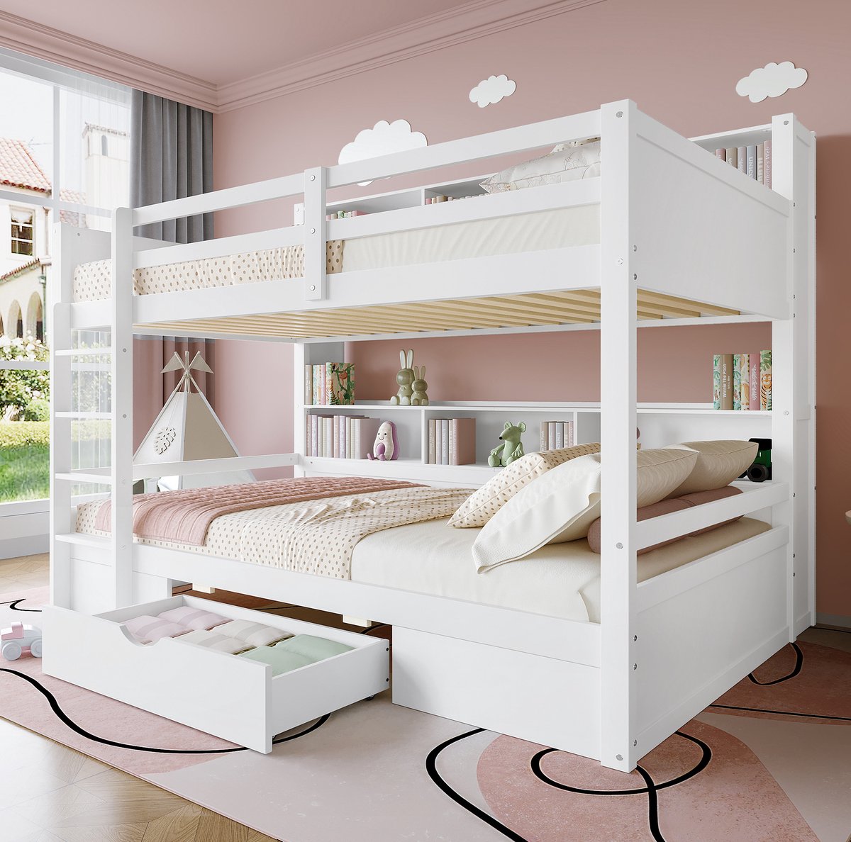 Wishdor Stapelbed 90x200 cm - Met opbergruimte en bedlade - Met ladder en uitvalbeveiliging - Modern Scandinavisch - Kinderkamer logeerkamer - Hout MDF - Wit