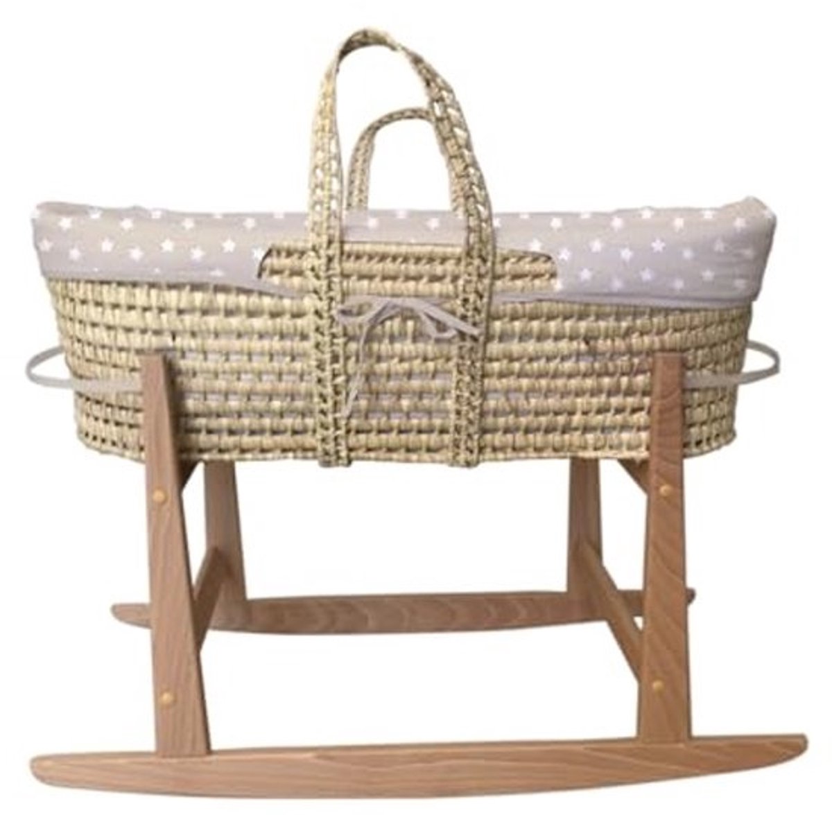 Natuurlijk rieten babymandje met houten sokkel en matras – Scandinavische stijl – Beige