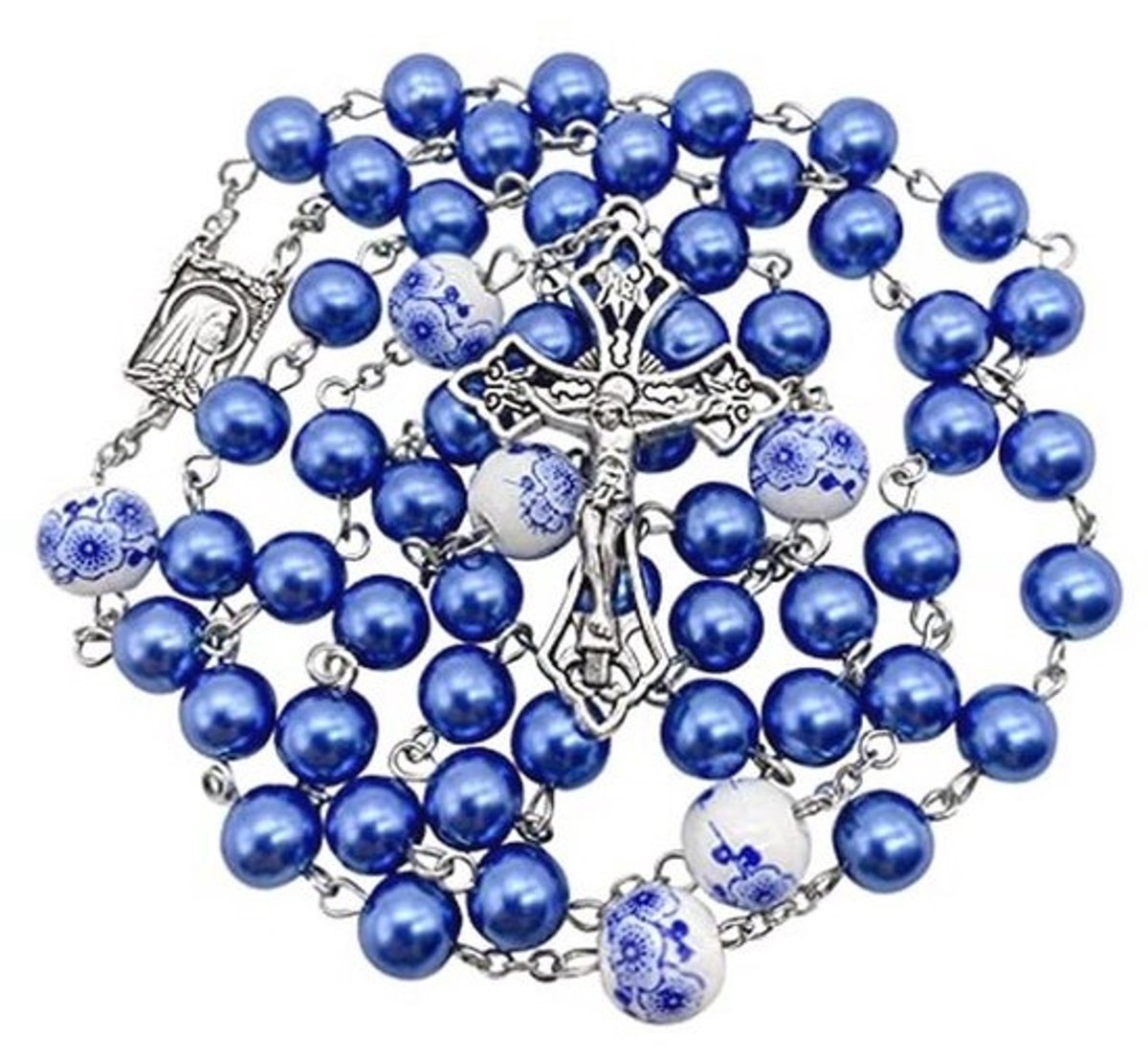 Rozenkrans met Blauwe Parel en Witte Bloemen | Katolieke Ketting voor Gebed en Meditatie