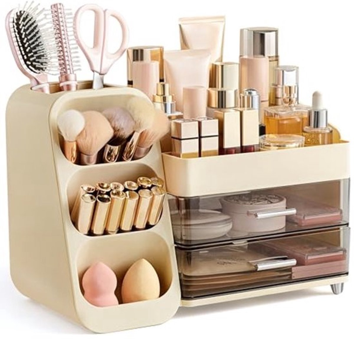 Make-up Organizer met Laden en Borstelhouder - 3-in-1 Cosmeticadoos in Geel
