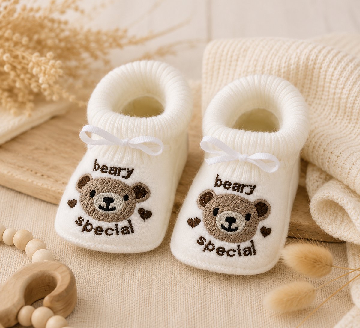 Babyslofjes met Beer – Zachte Gebreide Slofjes voor Baby – BabySchoentje – Kraamcadeau