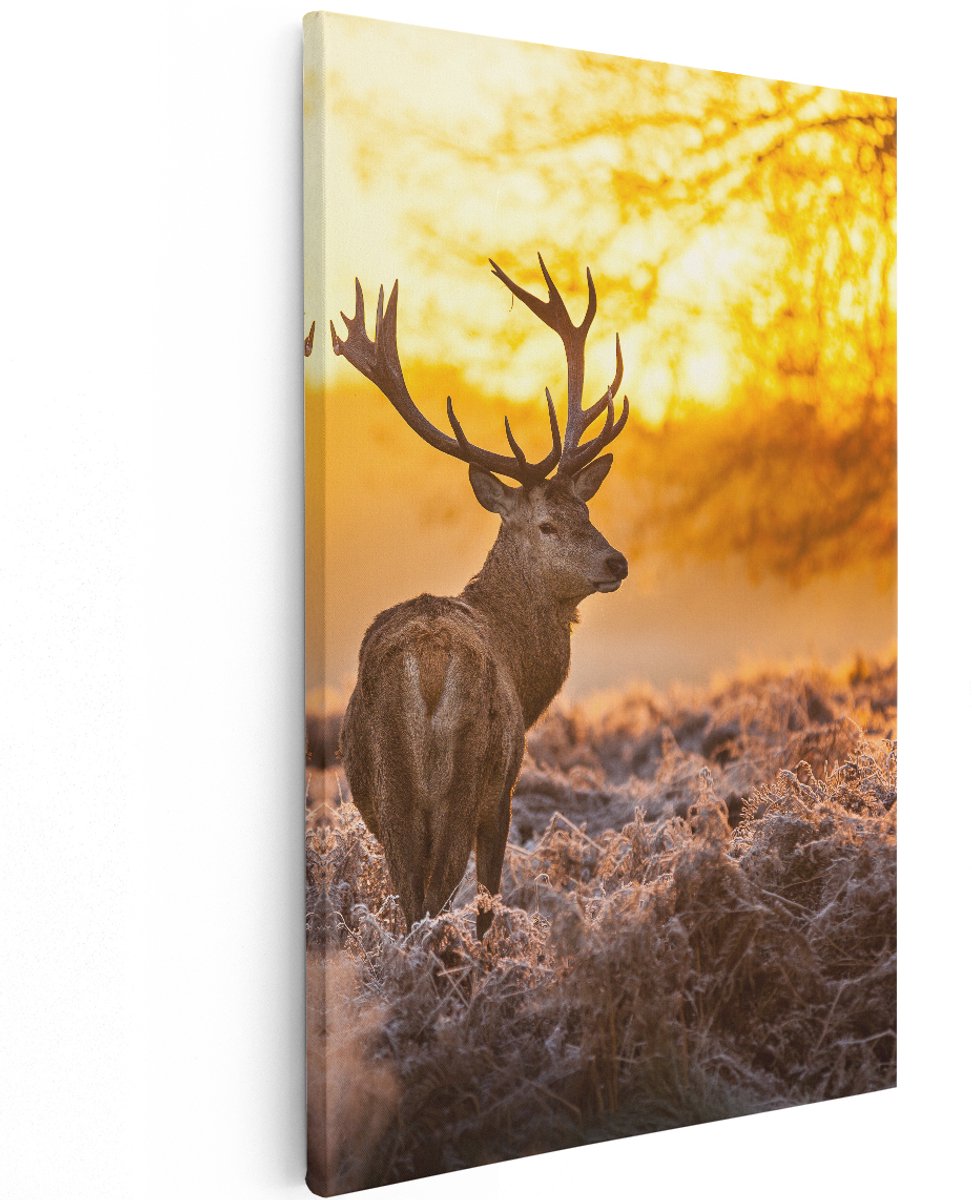 Artaza Canvas Schilderij Hert In Bos Tijdens De Zonsopkomst - 120x180 cm - Groot - Wanddecoratie Woonkamer - Schilderijen - Muurdecoratie