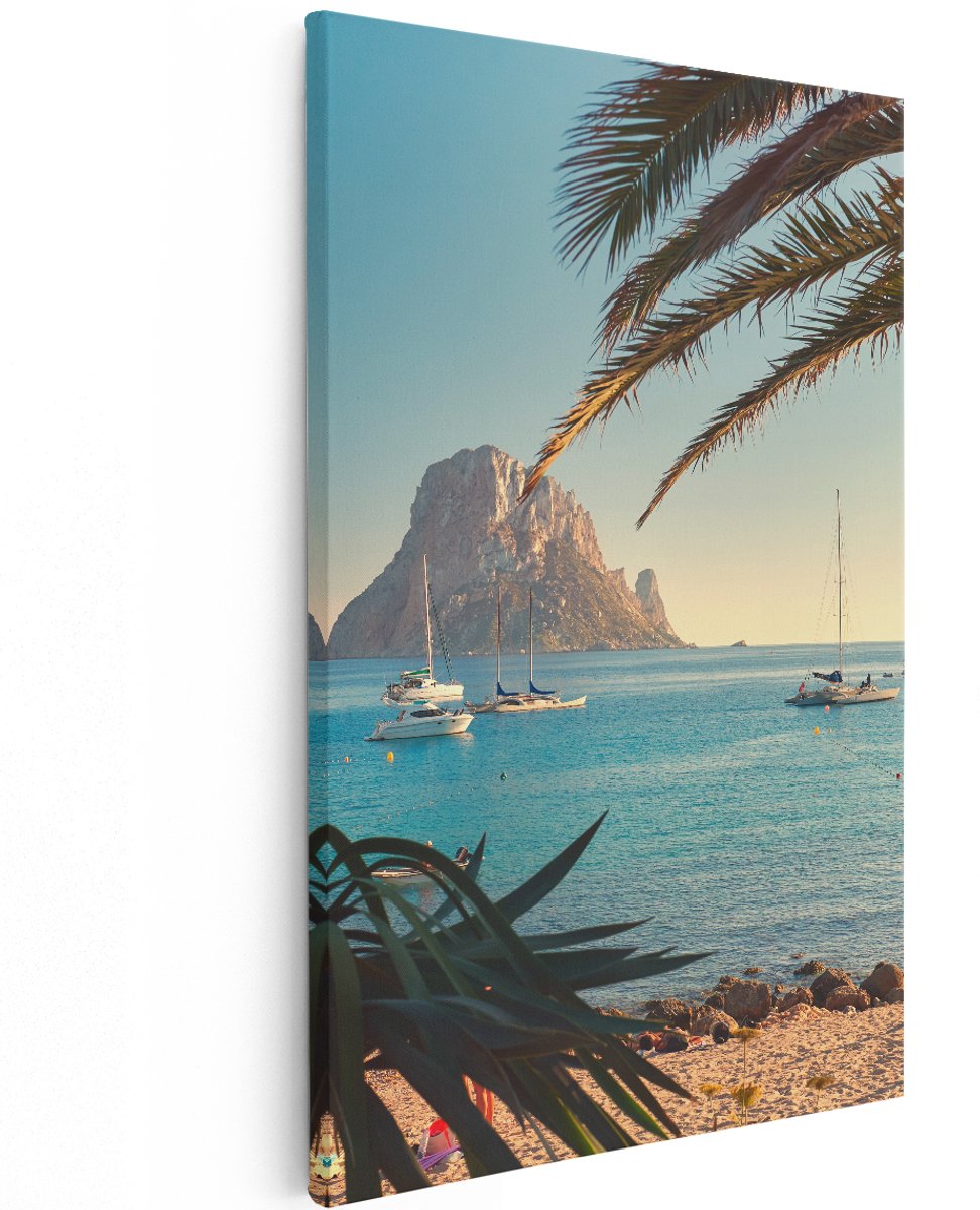 Artaza Canvas Schilderij Ibiza Cala d'Hort Strand - 120x180 cm - Groot - Wanddecoratie Woonkamer - Schilderijen - Muurdecoratie