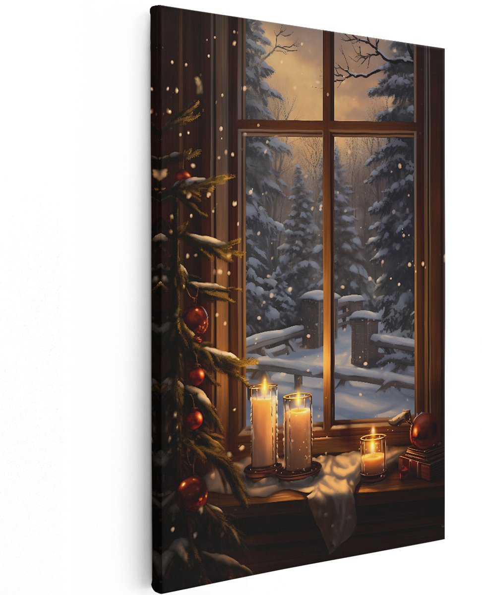 Artaza Canvas Schilderij Kerst Kaarsjes bij het Raam - 120x180 cm - Groot - Wanddecoratie Woonkamer - Schilderijen - Muurdecoratie