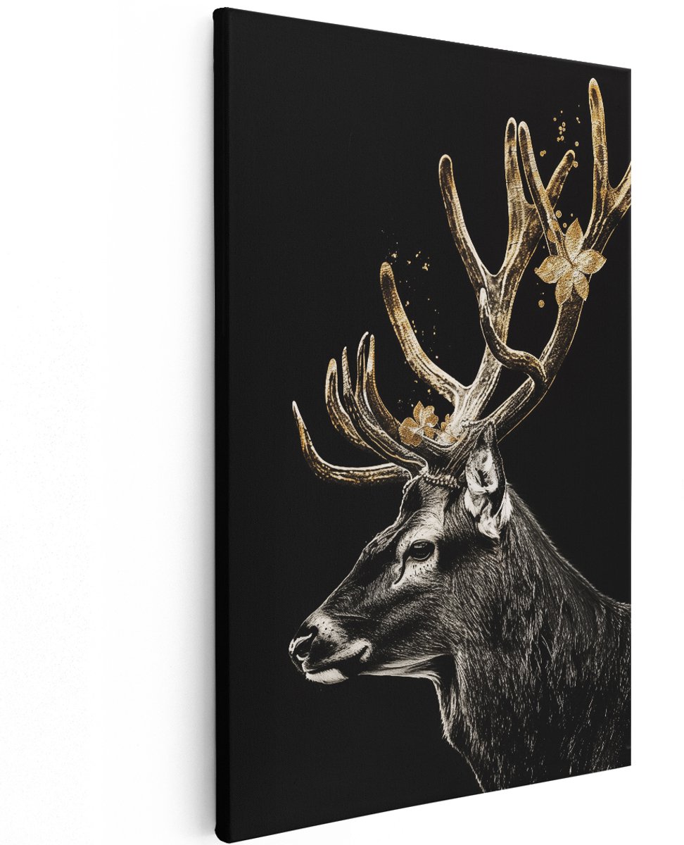 Artaza Canvas Schilderij Herten met Gouden Gewei op een Zwarte Achtergrond - Dieren - 120x180 cm - Groot - Wanddecoratie Woonkamer - Schilderijen - Muurdecoratie