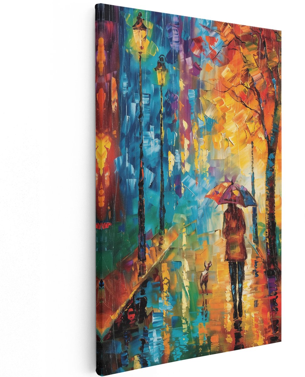 Artaza Canvas Schilderij Vrouw met een Hond in de Regen - Dieren - 120x180 cm - Groot - Wanddecoratie Woonkamer - Schilderijen - Muurdecoratie