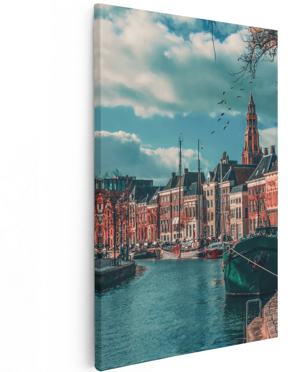 Artaza Canvas Schilderij Gracht in Groningen - 120x180 cm - Groot - Wanddecoratie Woonkamer - Schilderijen - Muurdecoratie