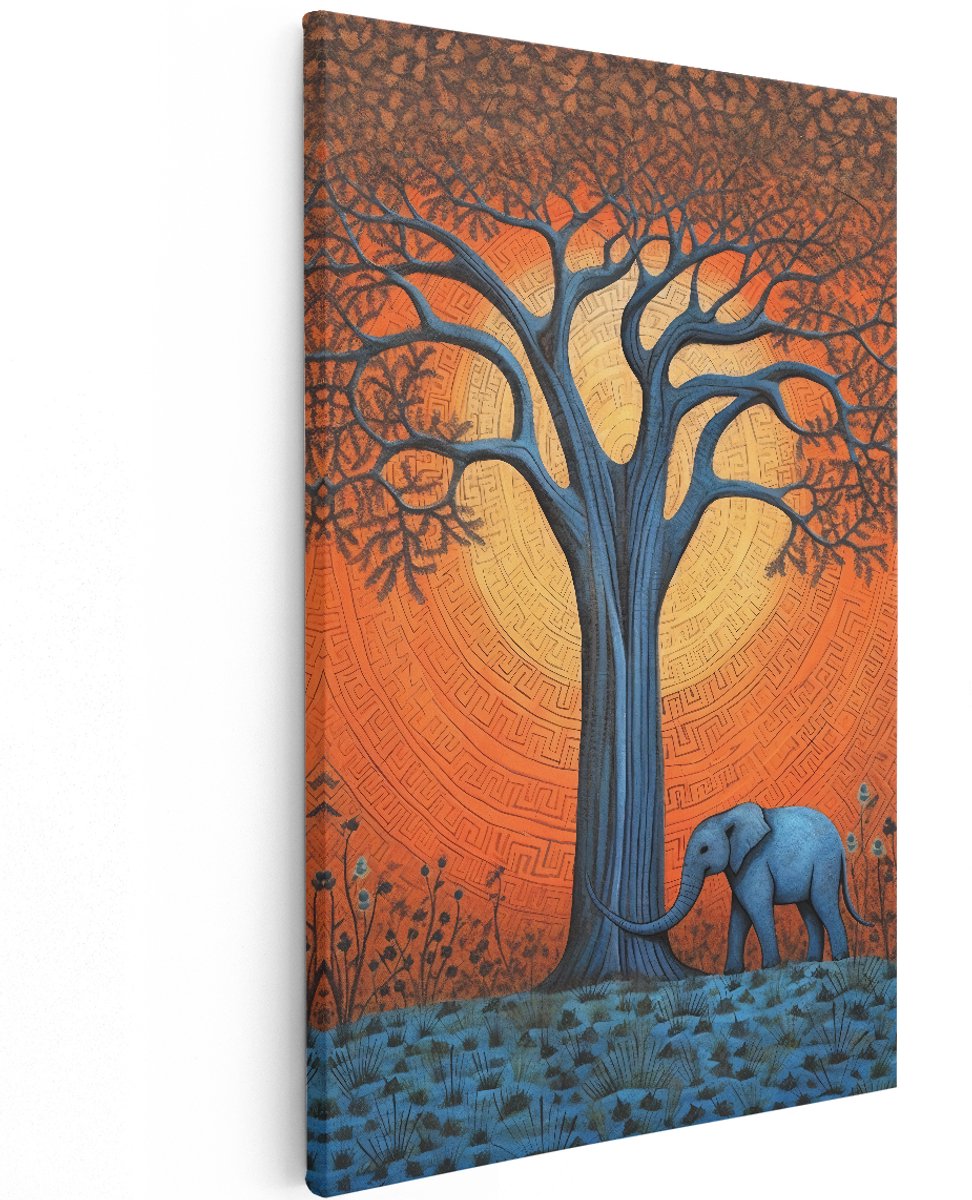 Artaza Canvas Schilderij Olifant bij een Boom - Kunst - 120x180 cm - Groot - Foto Op Canvas - Wanddecoratie Woonkamer