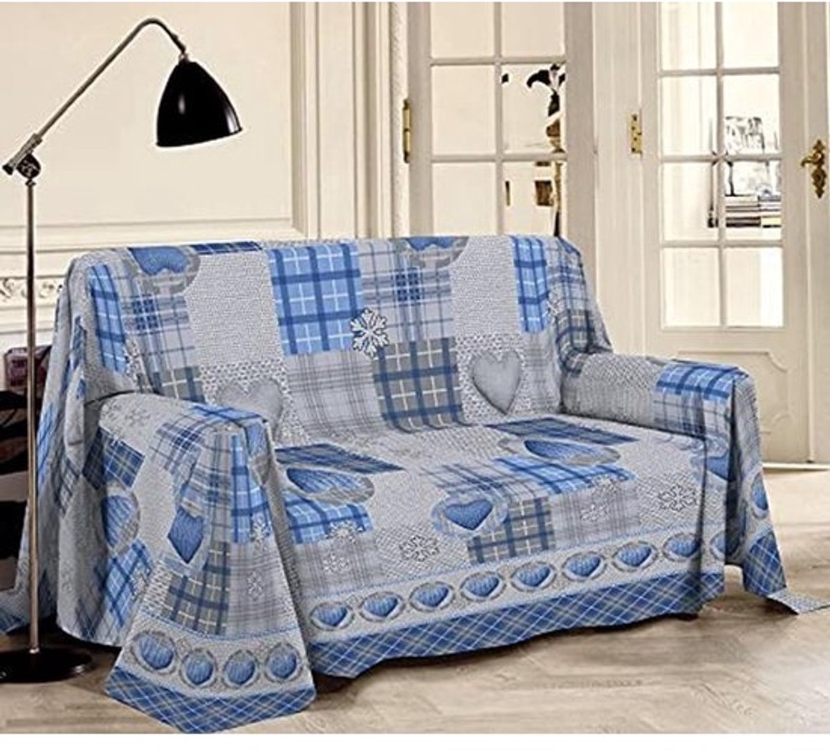 Kleurrijke patchwork bankovertrek harten [250 x 290 cm] - multifunctionele katoenen sprei voor banken en bedden - blauw
