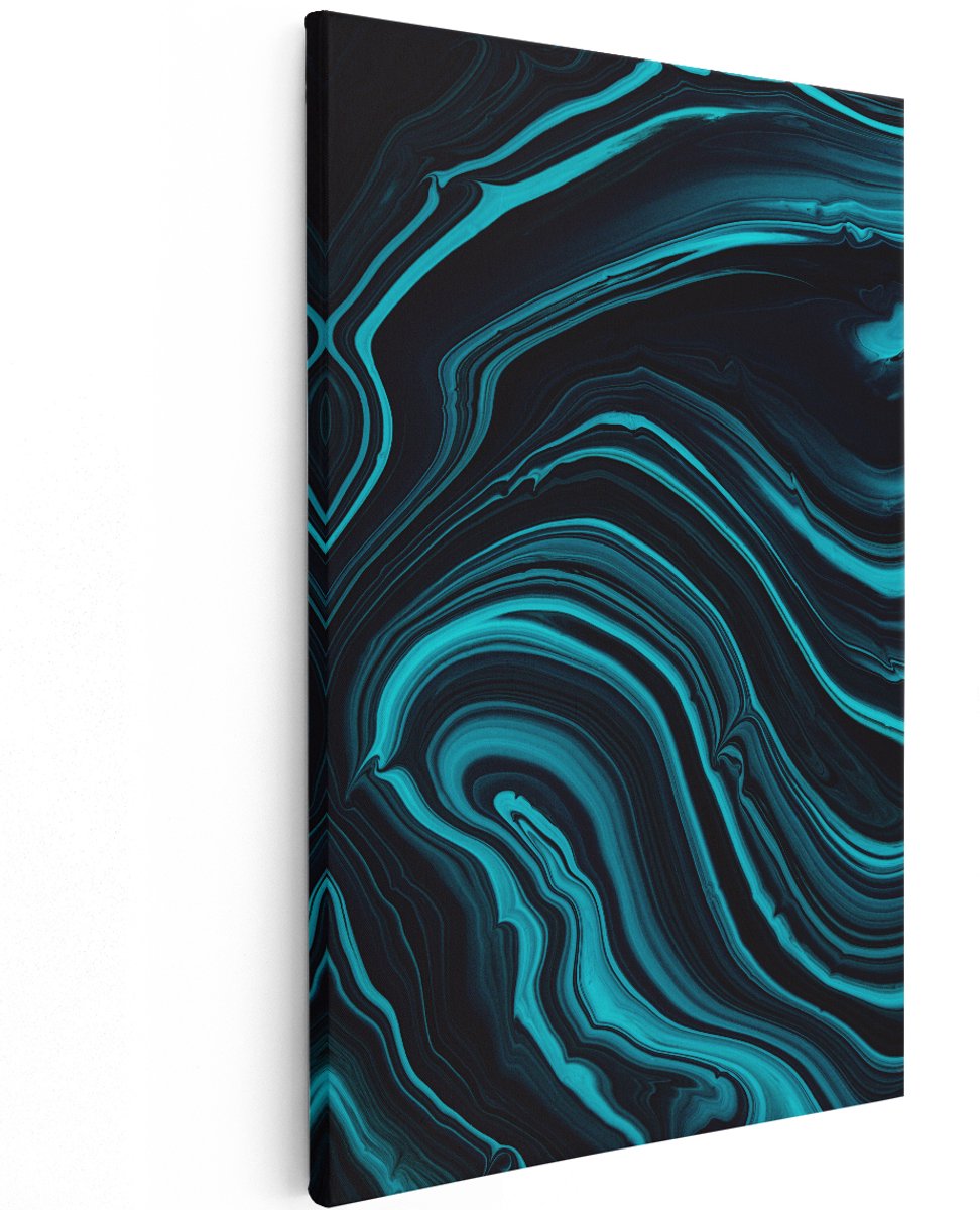 Artaza Canvas Schilderij Abstracte Kunst - Aqua Blauw met Zwart - 120x180 cm - Groot - Wanddecoratie Woonkamer - Schilderijen - Muurdecoratie