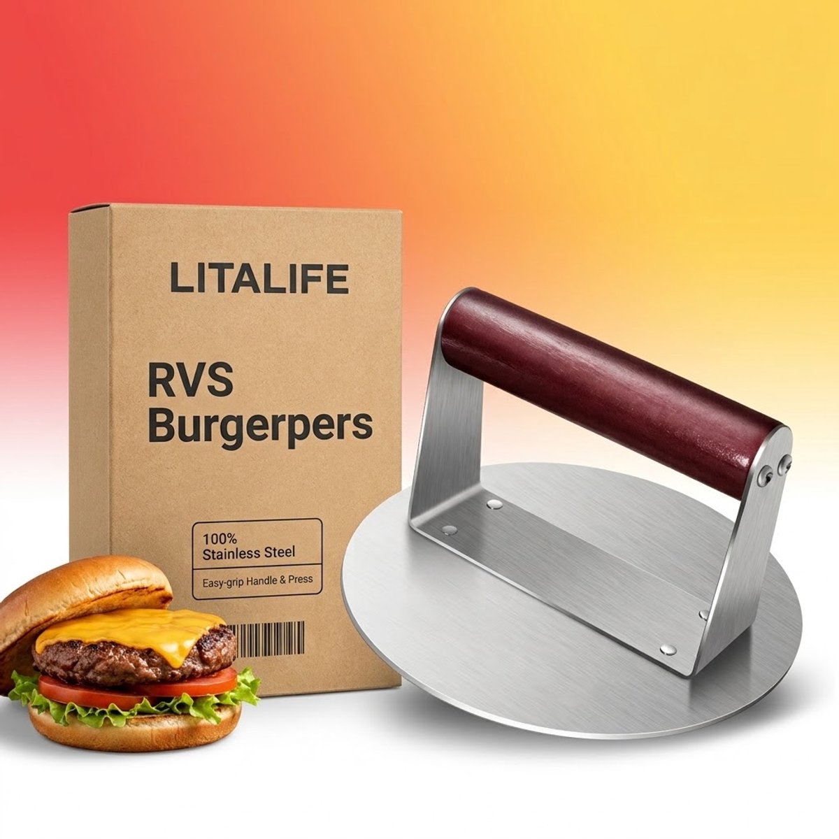 Litalife RVS Burgerpers - Smash Burger Press van Roestvrij Staal met Hittebestendig Handvat - Ronde Hamburgerpers voor BBQ & Grill - 100% Vaatwasserbestendig
