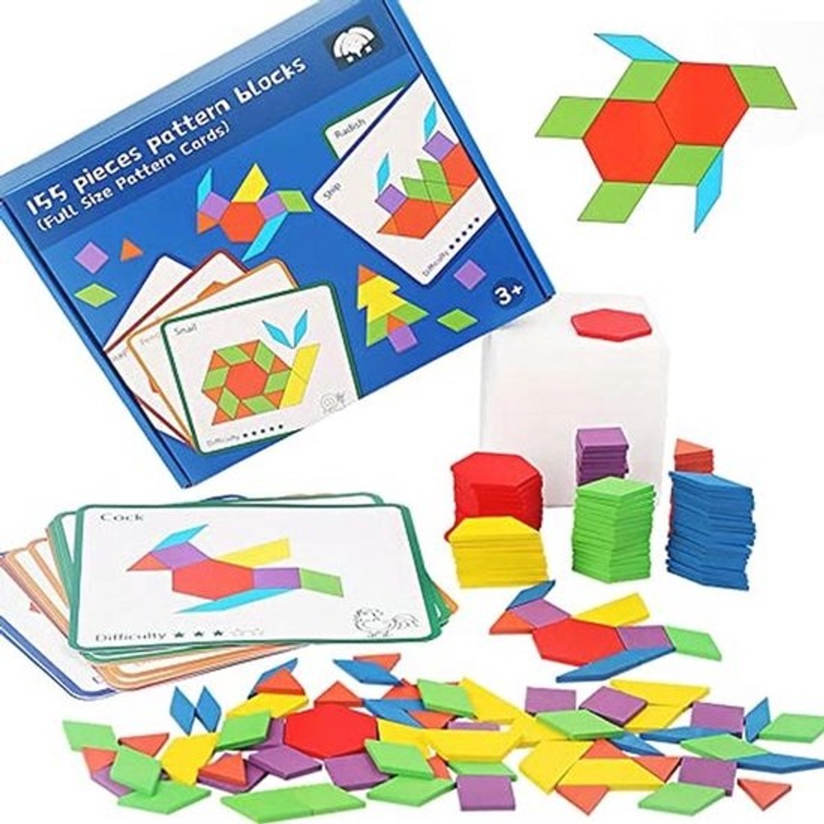 Houten Tangram Puzzelspeelgoed voor Kinderen - Geometrische Puzzels met 155 Vormen en Dubbelzijdige Kaarten