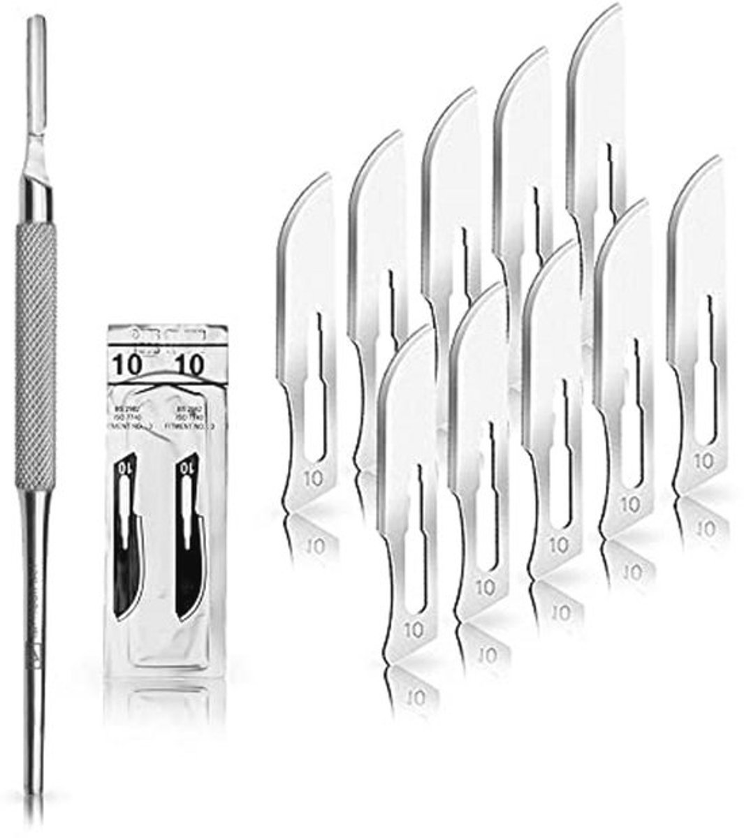 Set van 10 scalpelmessen in koolstofstaal met steriele verpakkingen + 1 scalpelhouder met 15,5 cm handvat