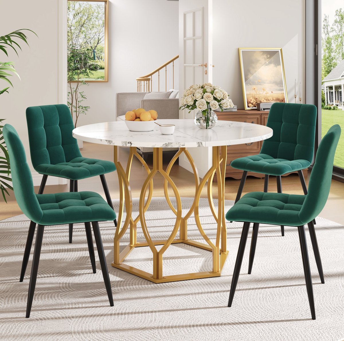 Wishdor Eetkamerset - 5-delig met ronde tafel en 4 stoelen - Marmerlook blad en metalen poten - Eetkamer keuken werkplek - Hout en metaal - Meerkleurig - Ø 100 x H 76 cm