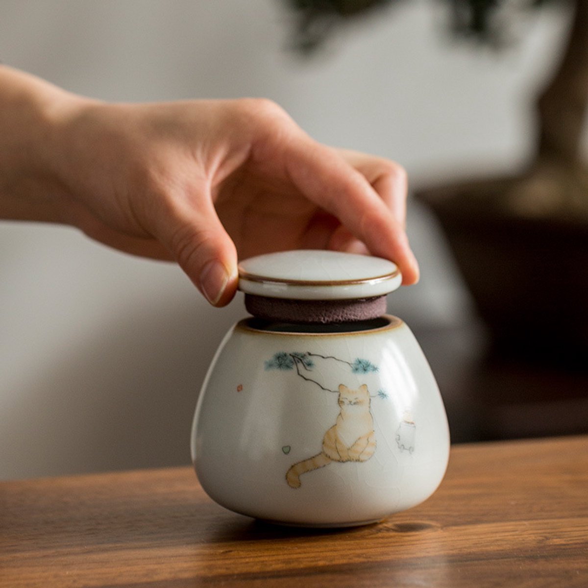 Keramische urn voor huisdier 250ml, vintage pot met handgetekende kat print, herdenkingsurn voor kleine kat en knaagdieren，Decoratie Urn