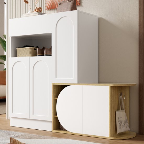 DESMIU Schoenenkast Met Zitbank En Opbergruimte - 1 Lade 5 Deuren En Open Vak - Voor Hal En Entree - MDF - Wit En Houtlook - 130x35x110,5 Cm — afbeelding 3