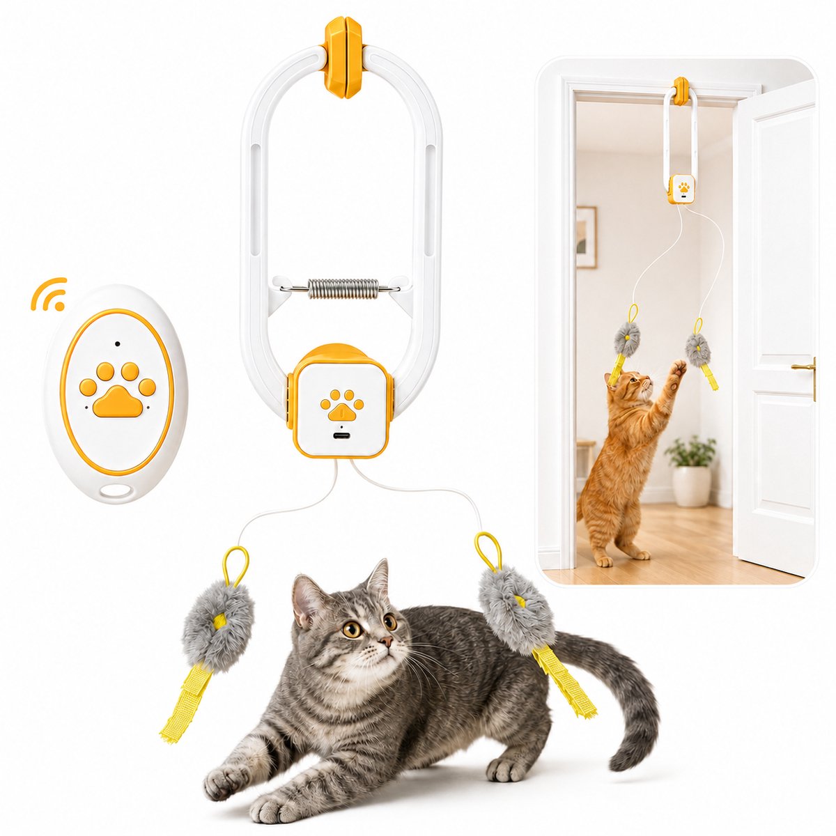 Bobypet - Elektrisch kattenspeelgoed - Met afstandsbediening - Interactief kattenspeelgoed voor binnenkatten - Automatische 360° beweging - Onregelmatige beweging - Oplaadbaar via USB - Geel