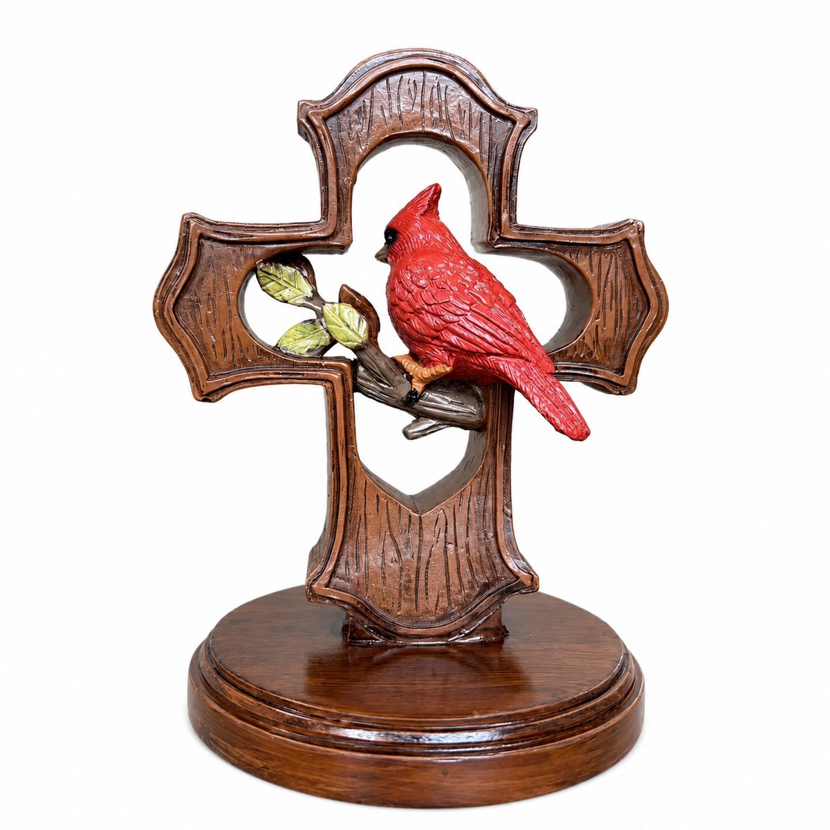 Casalora® Kardinaal Kruis Beeld – Kardinaal Vogel op Kruis – Hars Decoratie voor Tafel, Boekenplank, Woonkamer en Herdenkingscadeau