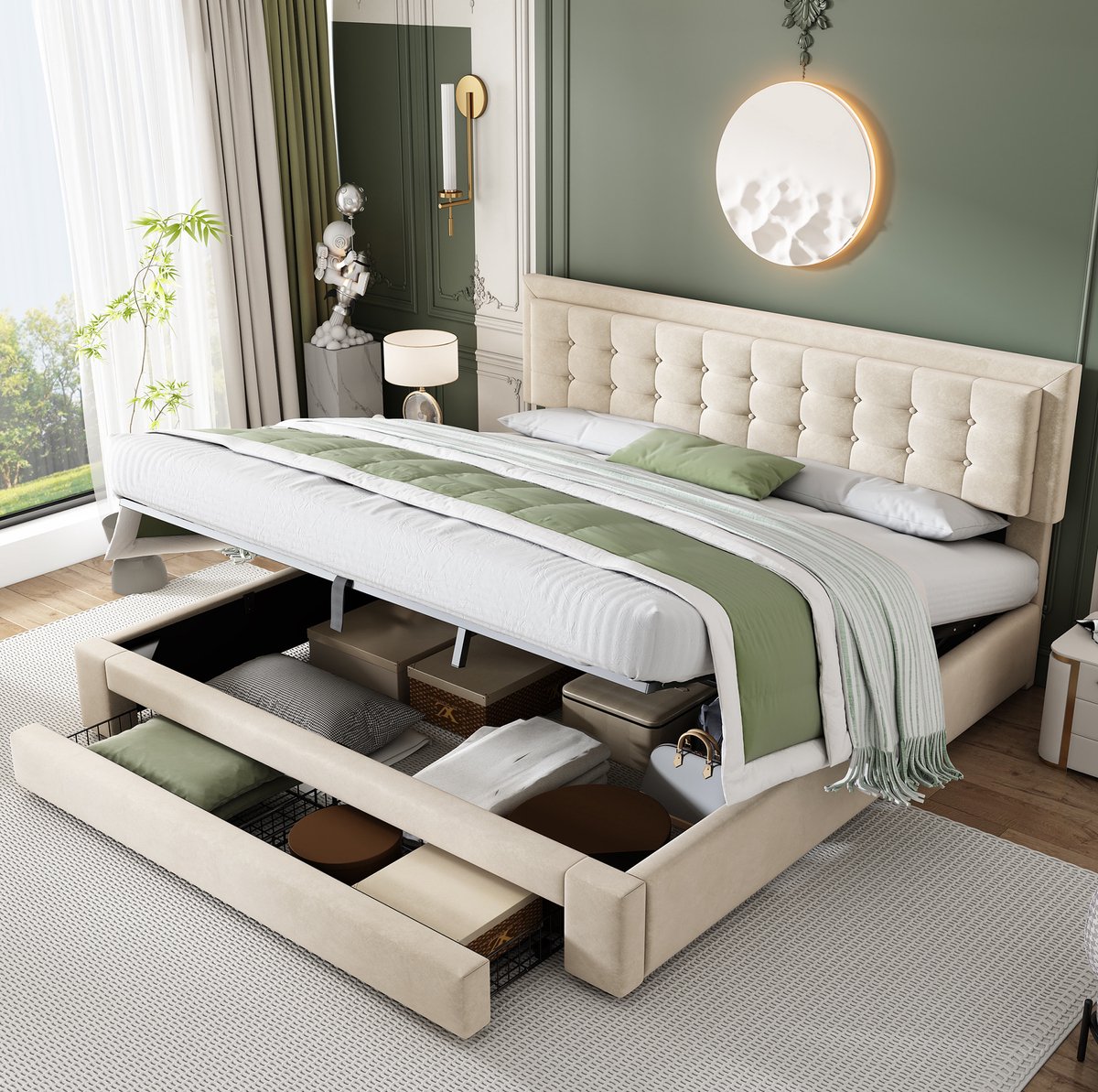 Gestoffeerd Bed Met Opbergruimte En Lades - Verstelbaar Hoofdeinde - 180 X 200 Cm - Stof - Beige - Lattenbodem