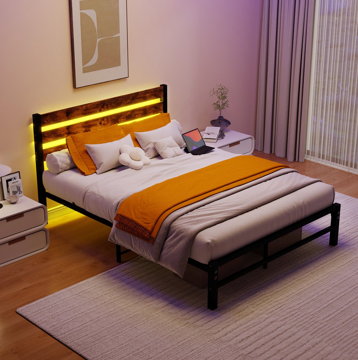 Bedframe Met Hoofdbord – 140 x 200 cm – Metaal en MDF – Antiekbruin – Met Ledverlichting en Opbergruimte