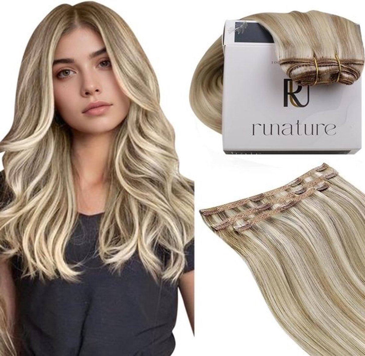 Clip-in Haar Extensions Echt Menselijk Haar Asblond met Highlights Platinablond 30 cm