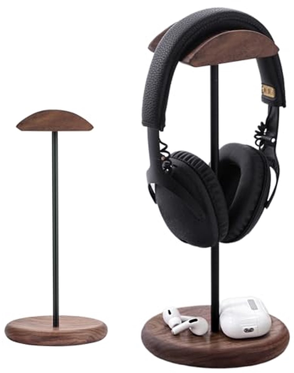 Hoofdtelefoonhouder - Headset standaard - Bureau organiseren - Walnoothout aluminium - 28 cm hoog - Bruin