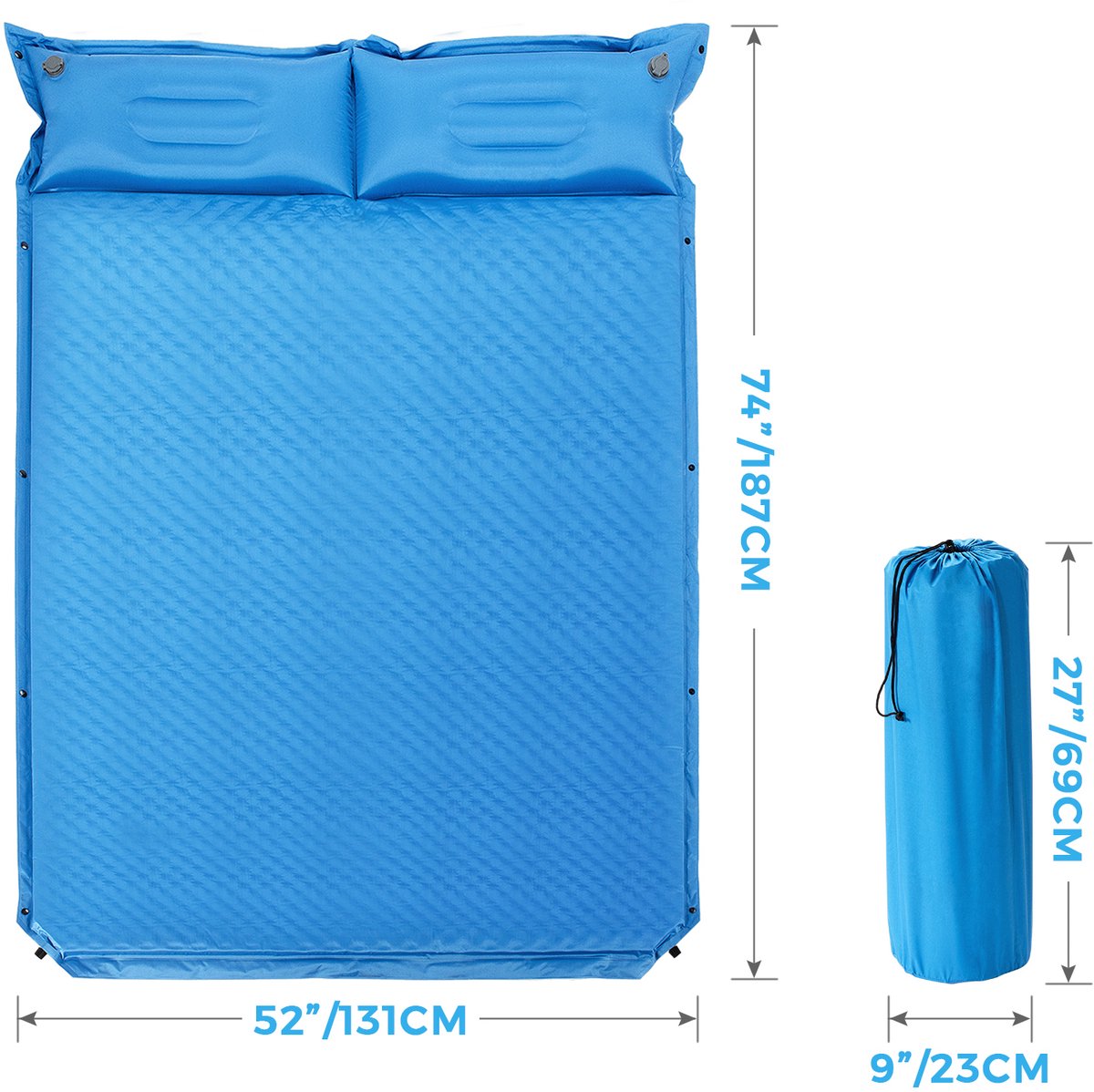 SureDeal® - Bedd - Campingmat - Kussen Persoons Zelfopblazende - 187x130x4 cm - Blauw