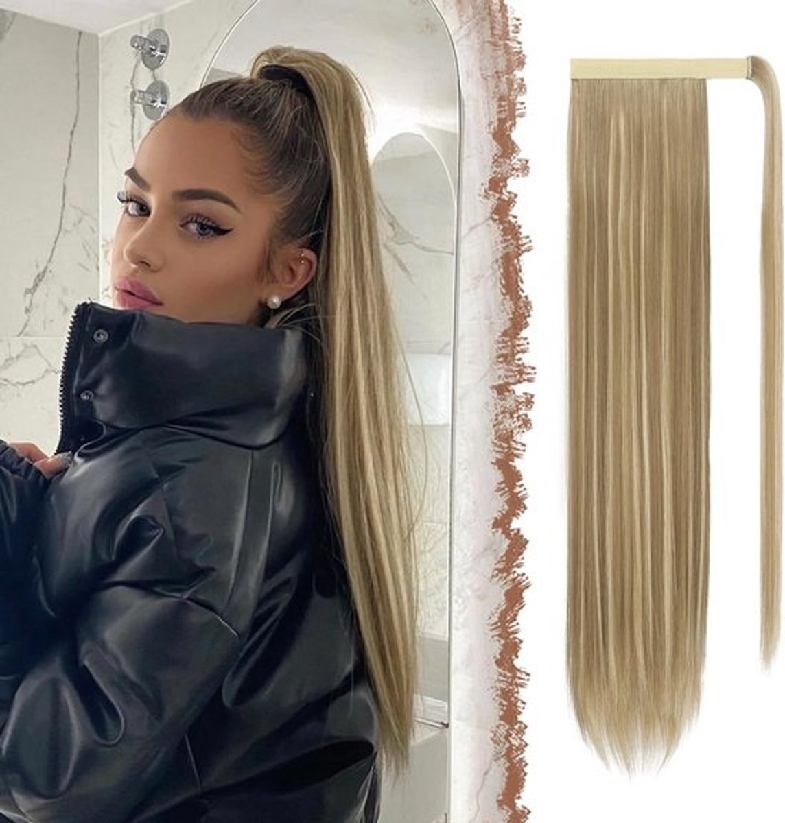 Lange Rechte Clip-in Paardenstaart Verlenging Synthetisch Haar 60cm Lichtbruin Blond