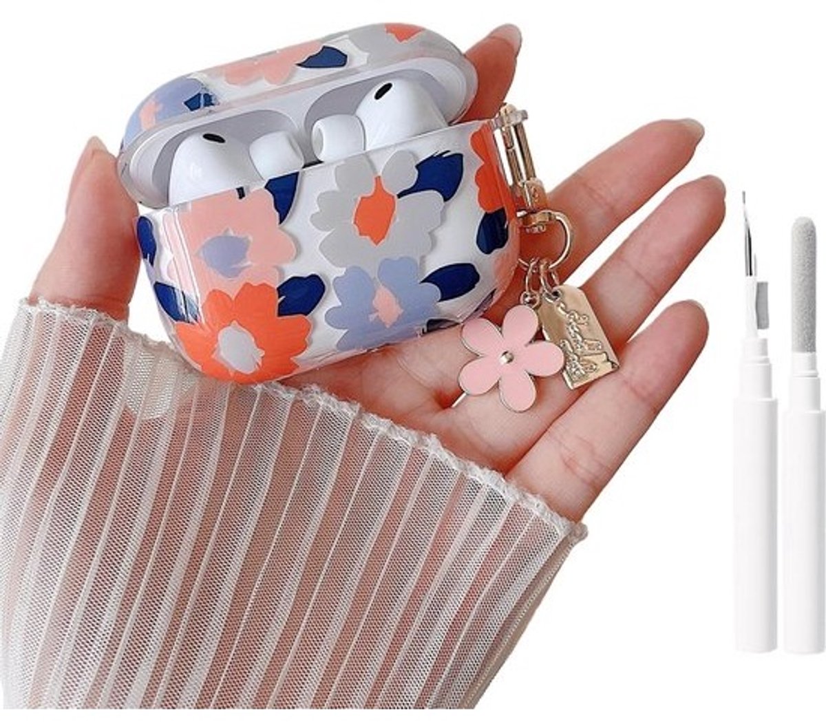 Transparante AirPods Pro 3e Generatie Hoesje met Bloemen en Strik - Schattige Beschermhoes met Sleutelhanger