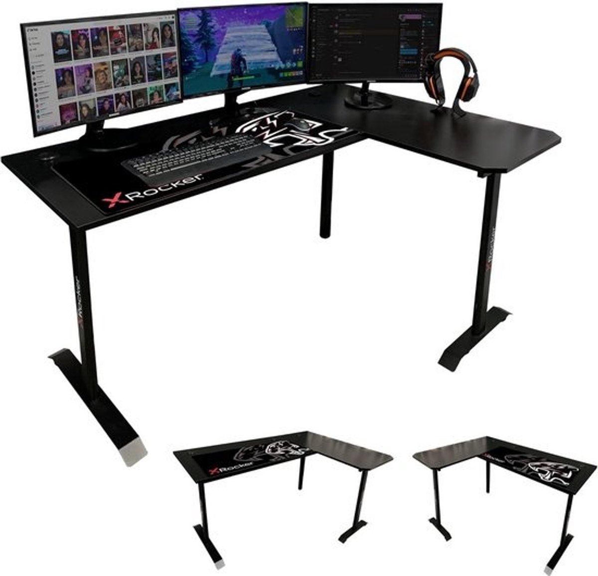 L-vormig Gaming Bureau met Reversible Hoek, 158 x 110cm, Stabiele Werkplek met Gratis Grote Muismat - Grijs Carbon Effect