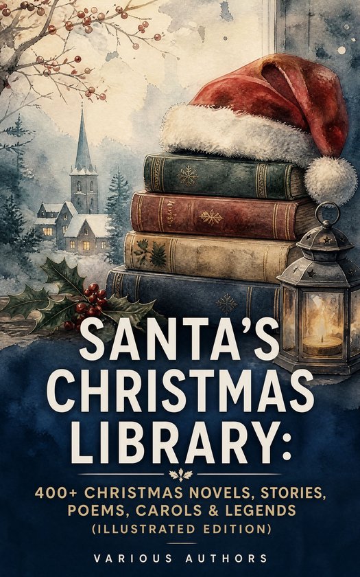 Boek met de titel 'Santa's Christmas Library' in een winterse, illustratieve stijl met een stapel boeken onder een kerstmuts en een lantaarn.