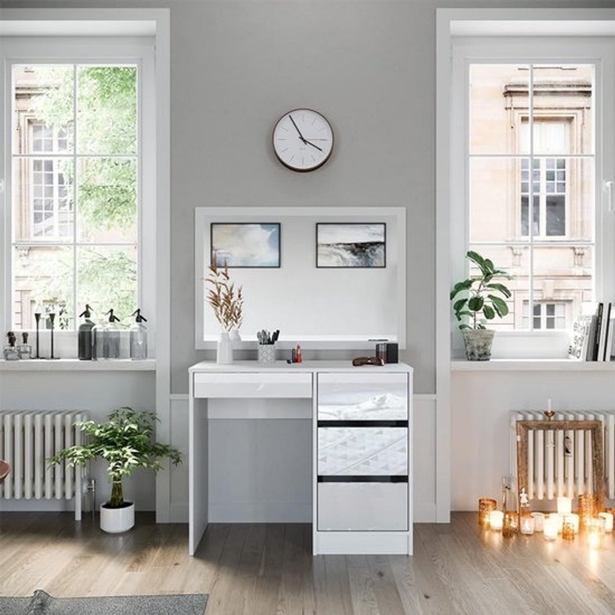 Moderne Kaptafel met Lade en Spiegel - Hoogglans Wit